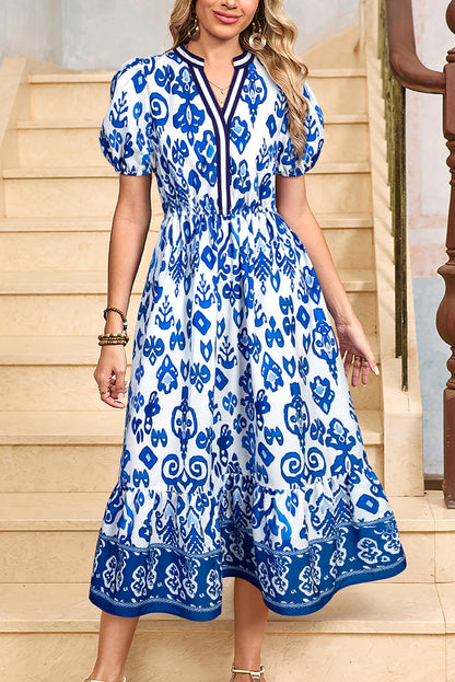 Sky Blue Floral Maxi Dress Tiered V-Neck