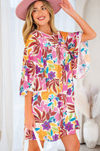Pink Floral Swing Mini Dress Lace Trim