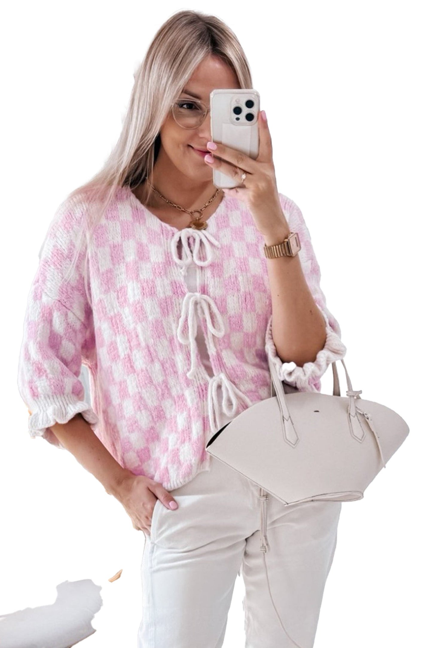 Light Pink Checkered Cardigan With Ribbons