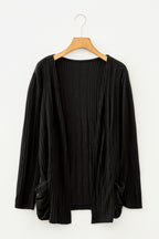 Black Ribbed Open Front Cardigan