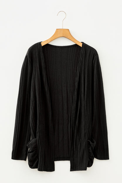 Black Ribbed Open Front Cardigan