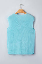 Pink Solid Color Knit V Neck Button Front Sweater Vest