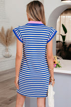 Ruffled Dark Blue Striped Flutter Sleeve Dress