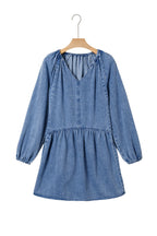 Myosotis Puff Sleeve V Neck Ruffled Loose Denim Mini Dress