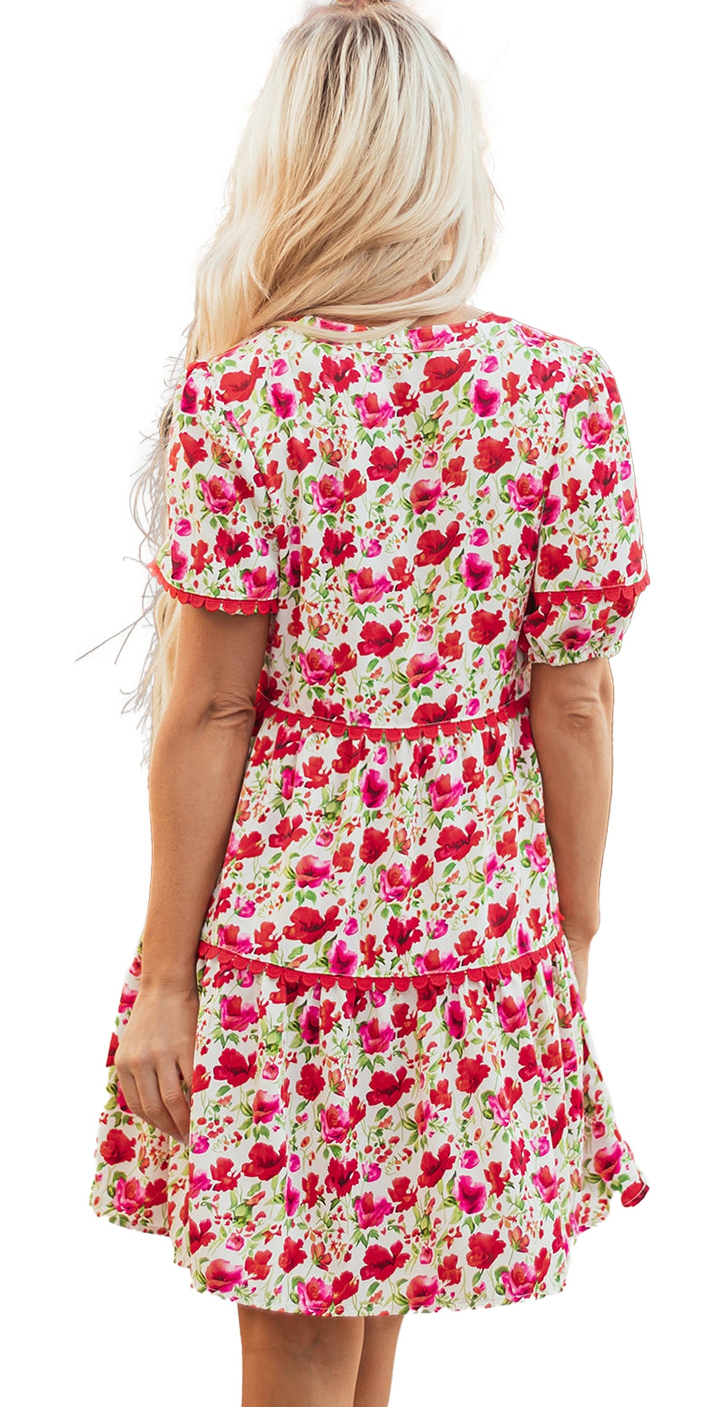 Red Floral Puff Sleeve Mini Dress