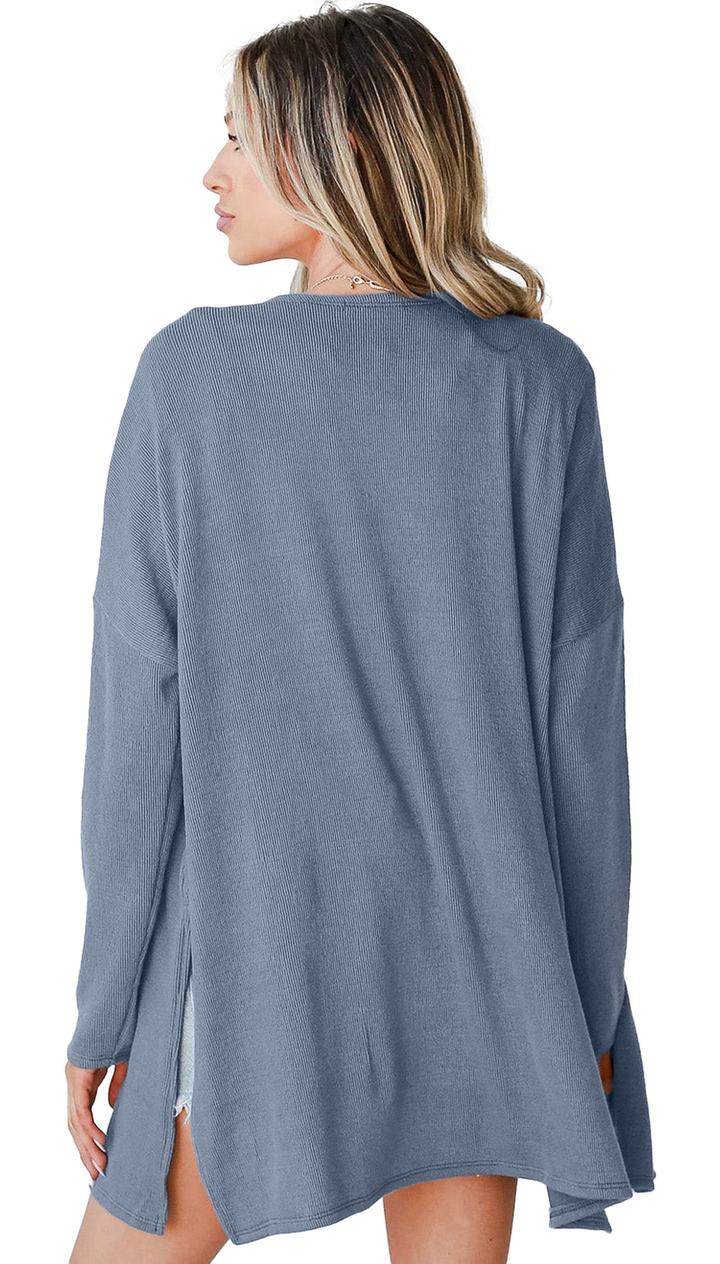 Blue Rib Knit Open Front Cardigan