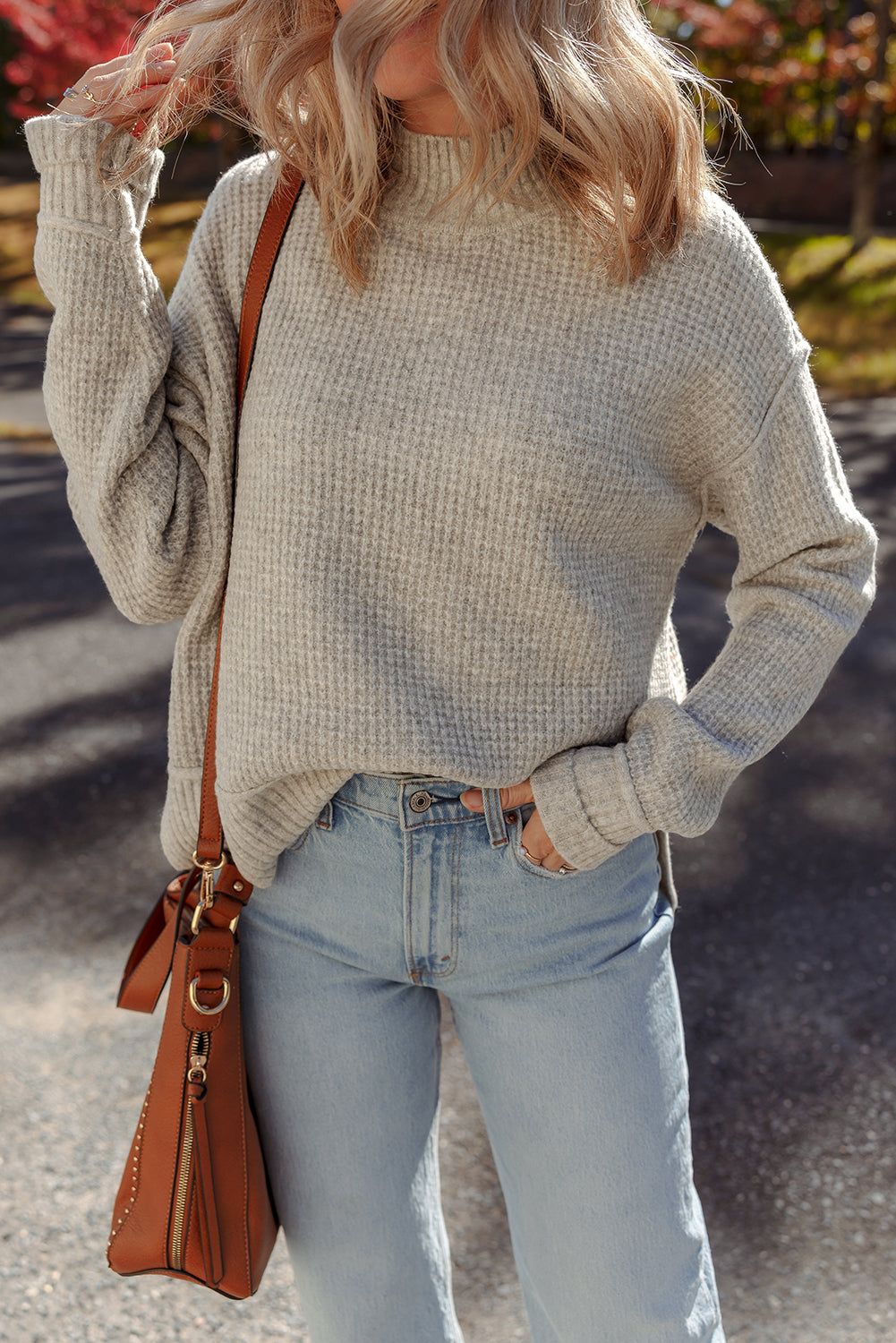 Gray Waffle Knit Sweater For Stylish Comfort