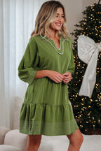 Jungle Green Mini Dress, Flowy Tiered V-Neck