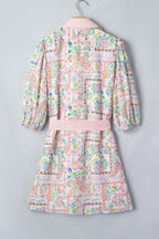 Pink Boho Floral Print Color Block Trim Half Button Belted Mini Dress