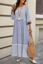 Sky Blue Striped Maxi Dress Flowy Boho Lace