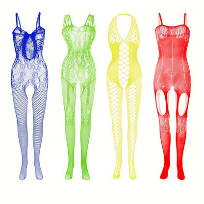 4-Pack Fishnet Bodystocking Set With Jacquard Design & Open Crotch - Women's