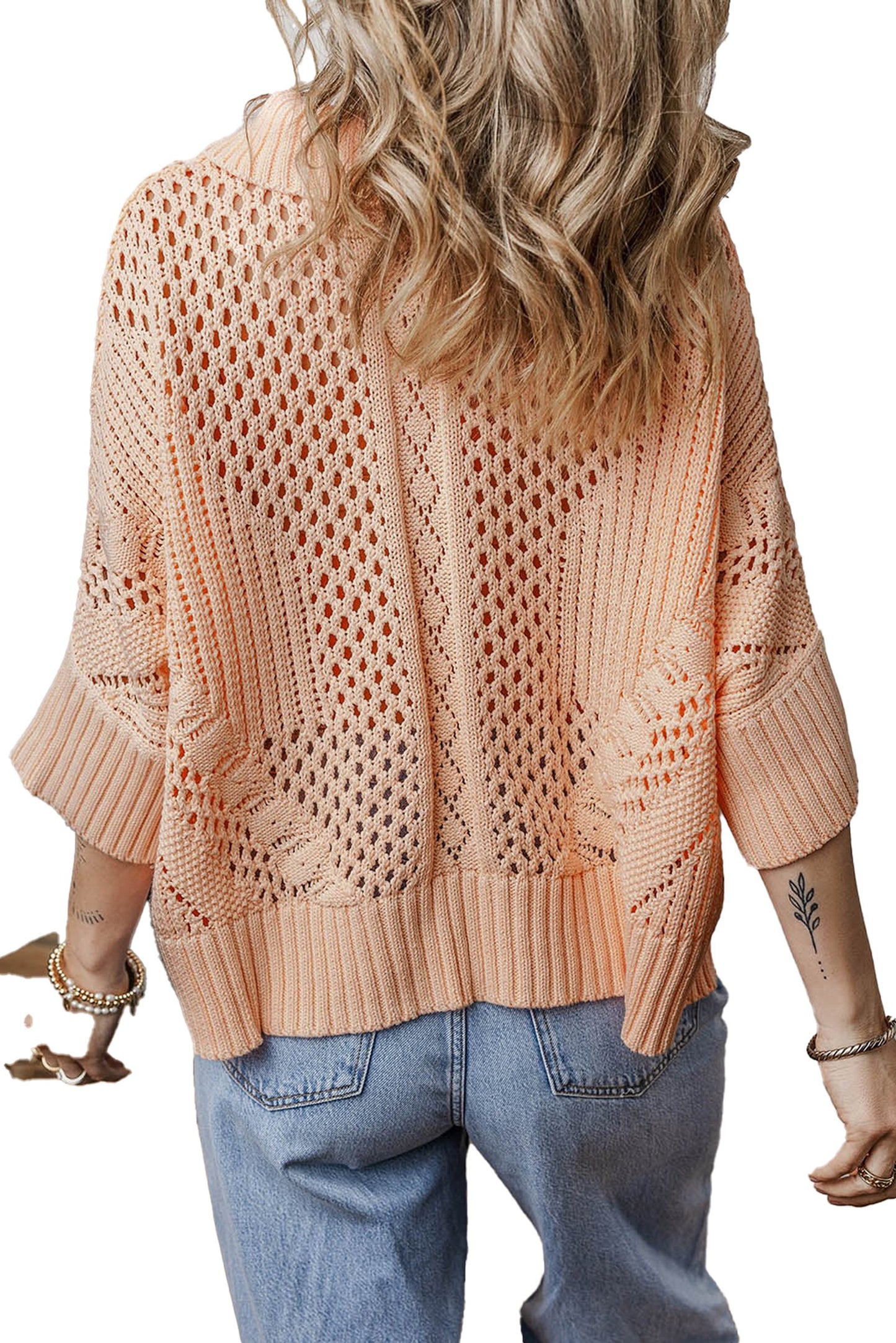 Apricot Pink Hollow Knit Sweater Cardigan