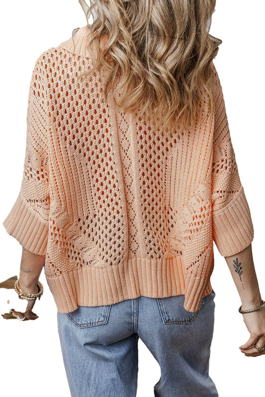 Apricot Pink Hollow Knit Sweater Cardigan