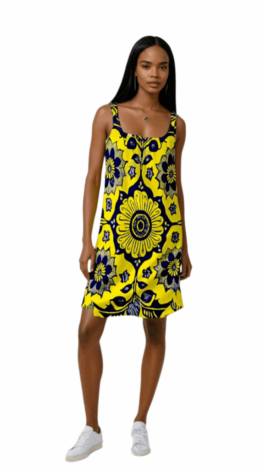 yellow and navy floral sunny sling summer skirt beach dress with sleeveless design