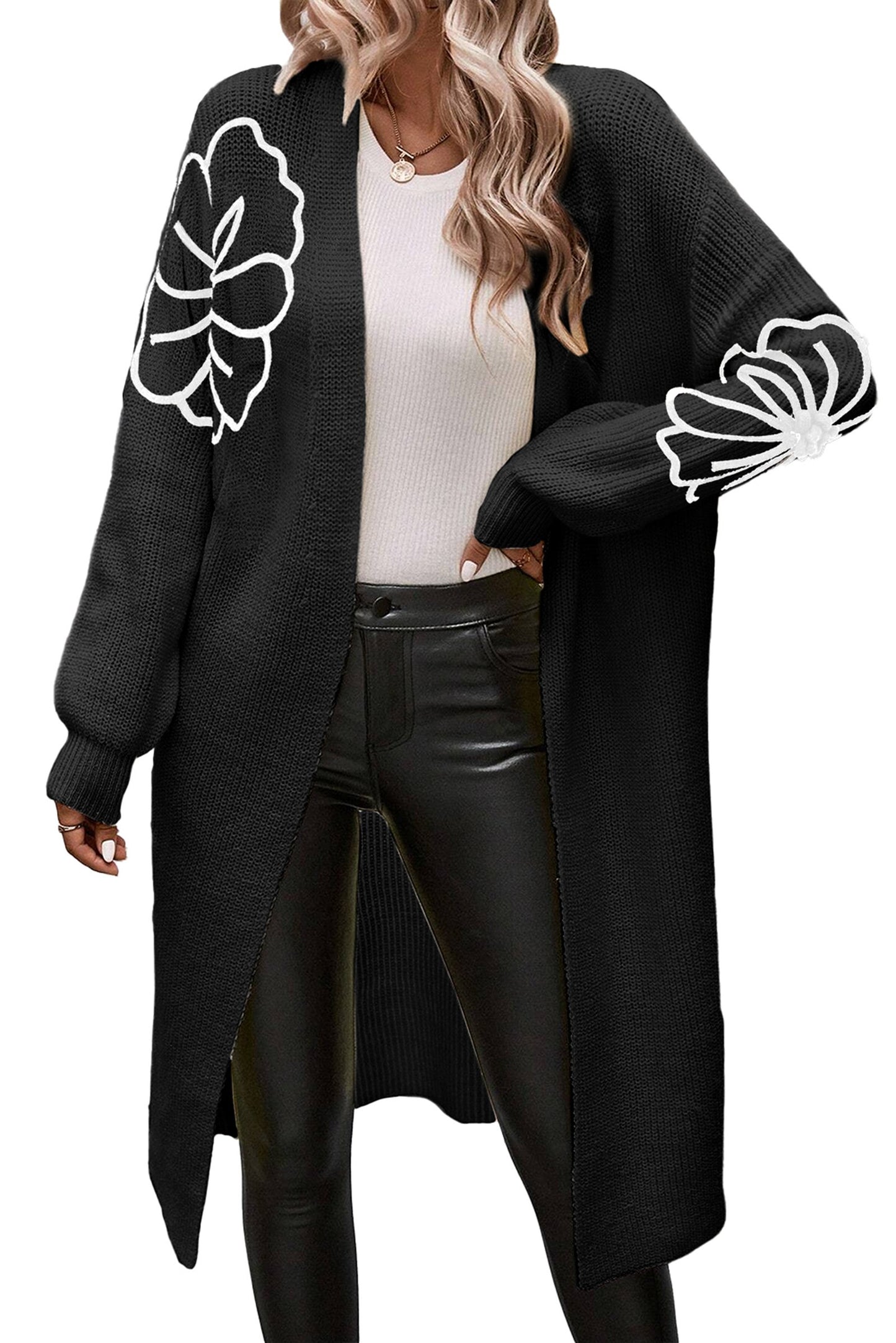 Beige Flower Embroidered Duster Cardigan