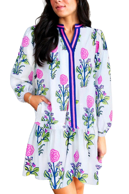 White Floral Print Long Sleeve Dress