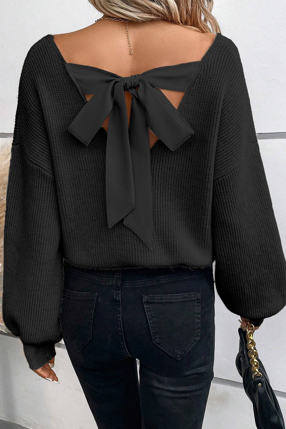 Red Lantern Sleeve Sweater With Bow Detail