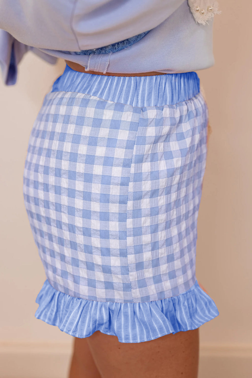 Red Gingham Print Ruffle Striped Detail Lace Tie Shorts