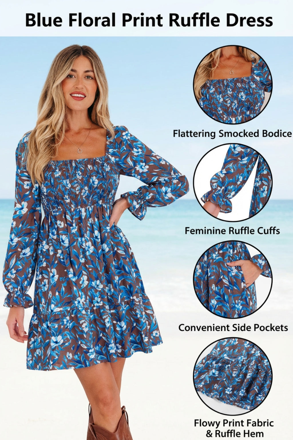 Blue Floral Smocked Dress Puff Sleeve Mini