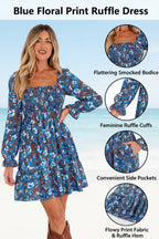 Blue Floral Smocked Dress Puff Sleeve Mini