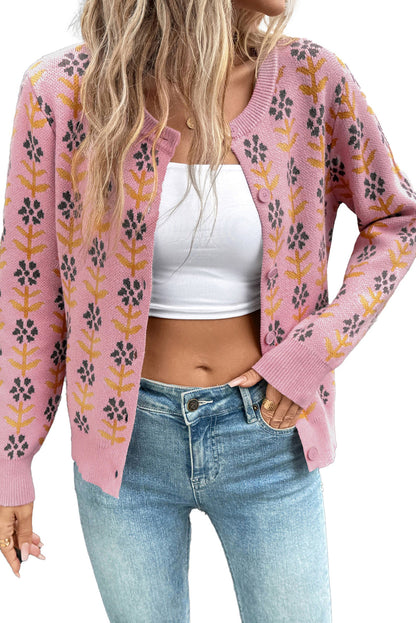 Pink Floral Cardigan Sweater For Women