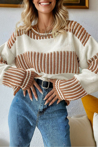 Brown Striped Patchwork Sweater For Trendy Look