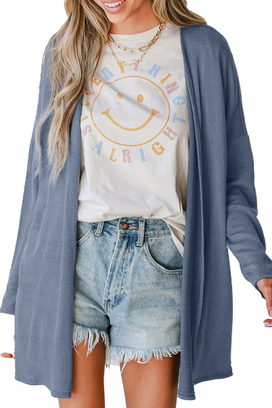 Blue Rib Knit Open Front Cardigan