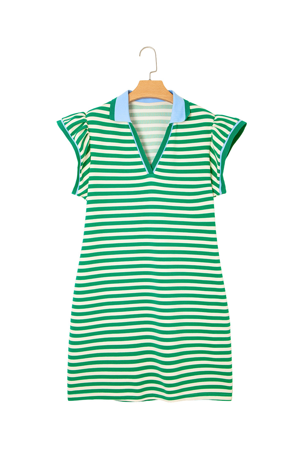 Green Stripe Flutter Sleeve Dress, V-Neck