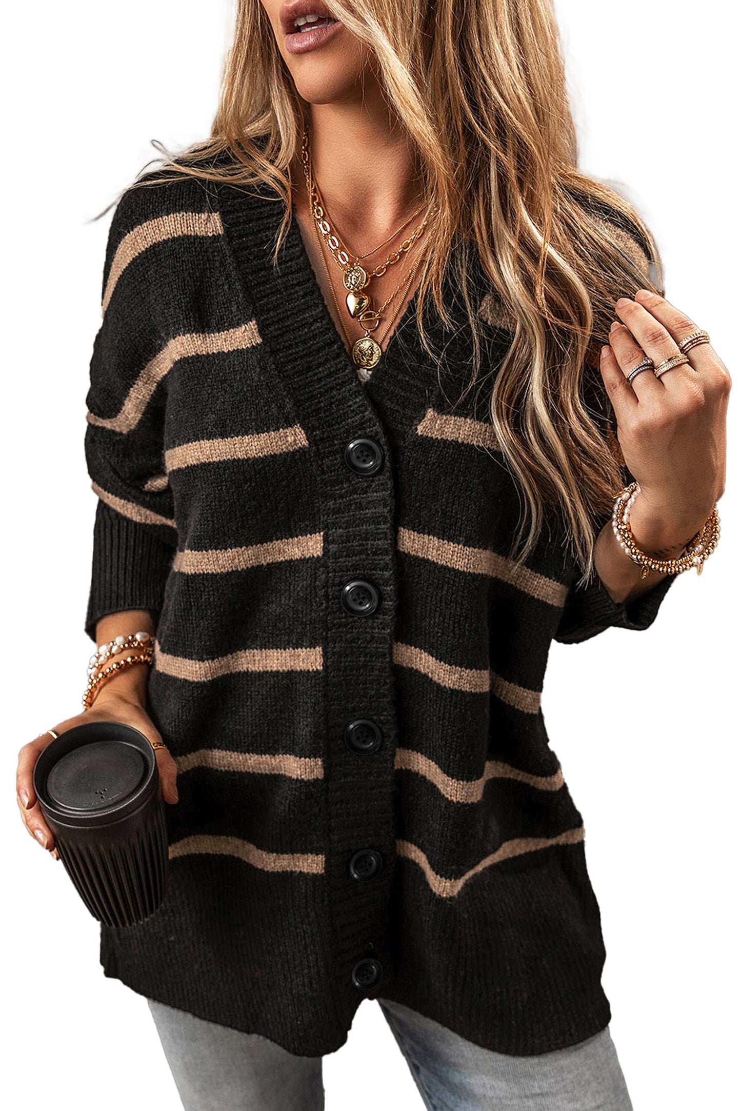 Black Stripe Buttoned Cardigan For Fashionistas