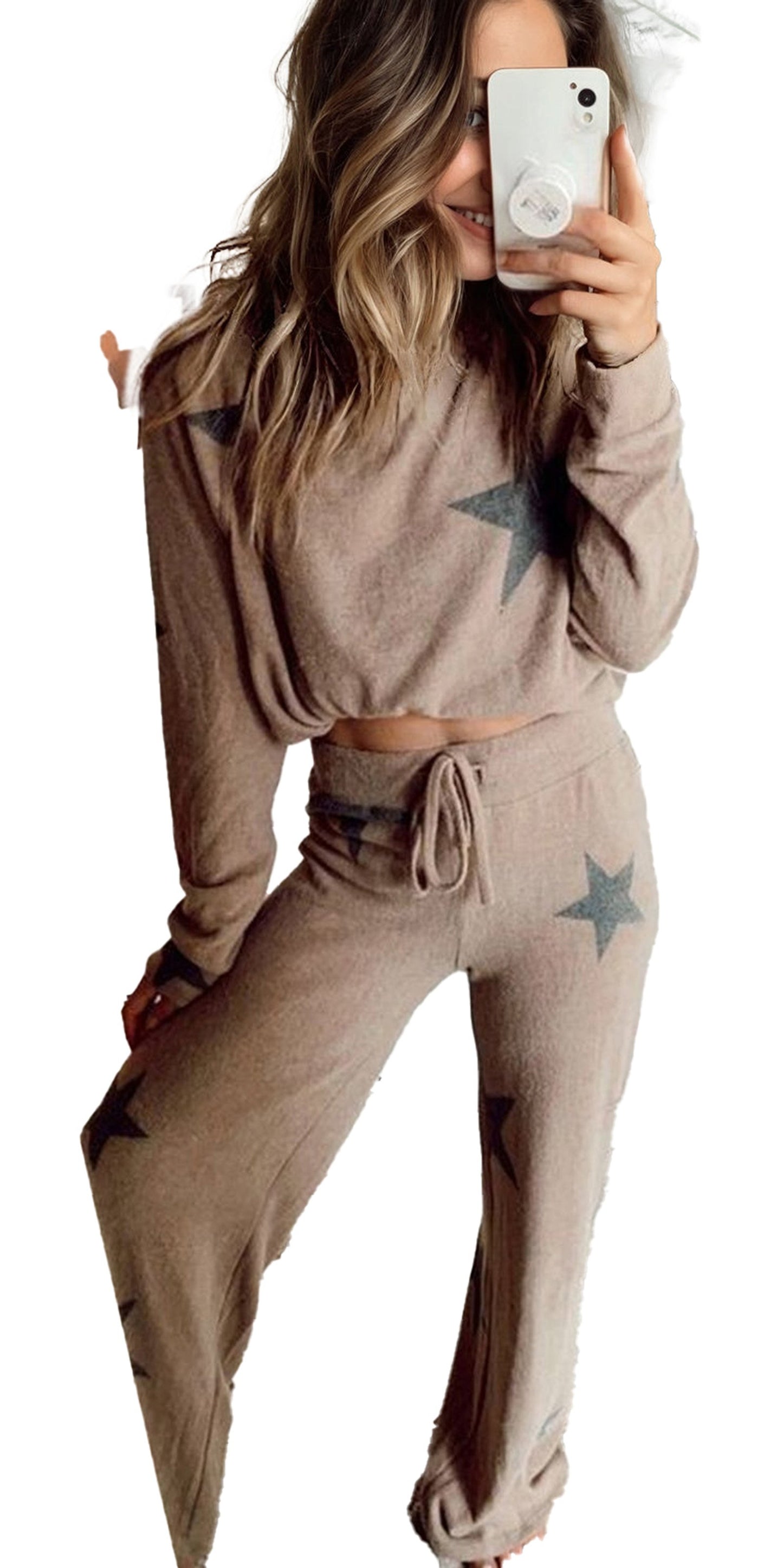 Khaki Star Print Lounge Set For Cozy Style