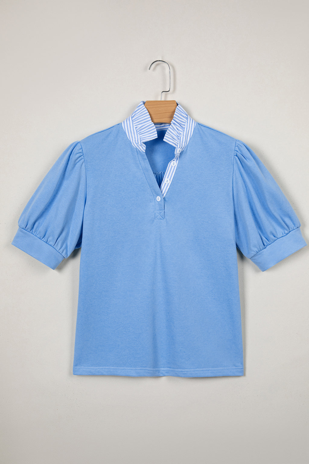 Sky Blue Striped Frilled Collar Short Sleeve Blouse