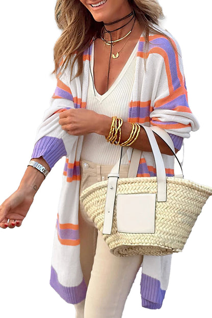Beige Striped Cardigan For Women