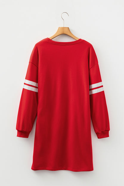 Red Varsity Sweatshirt Dress Cozy Pocketed Mini