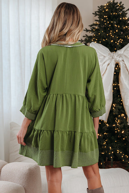 Jungle Green Mini Dress, Flowy Tiered V-Neck
