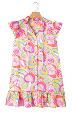 LuckeLadybug H Line pink abstract floral dress with flutter sleeves ruffle hem and front tie