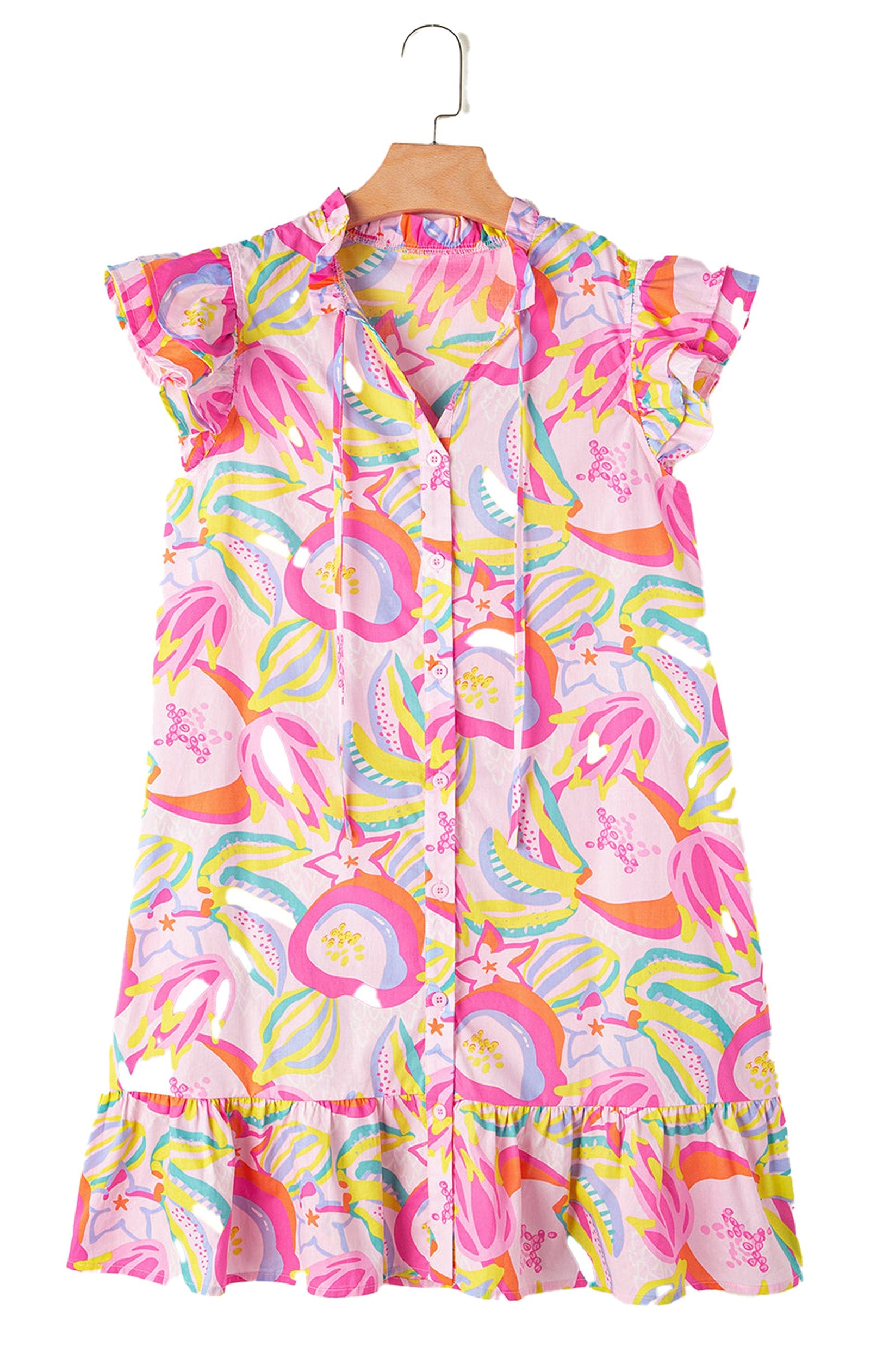 LuckeLadybug H Line pink abstract floral dress with flutter sleeves ruffle hem and front tie