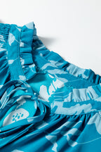 Blue Flower Half Sleeve Tiered Ruffled Mini Dress