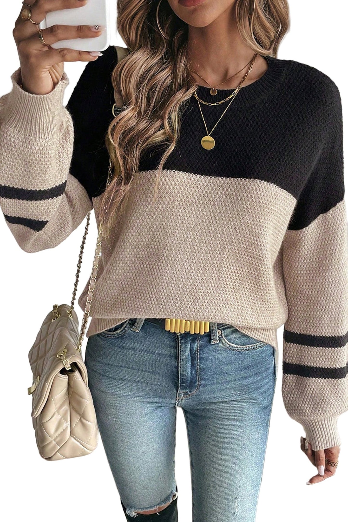 Dark Brown Color Block Sweater For Women