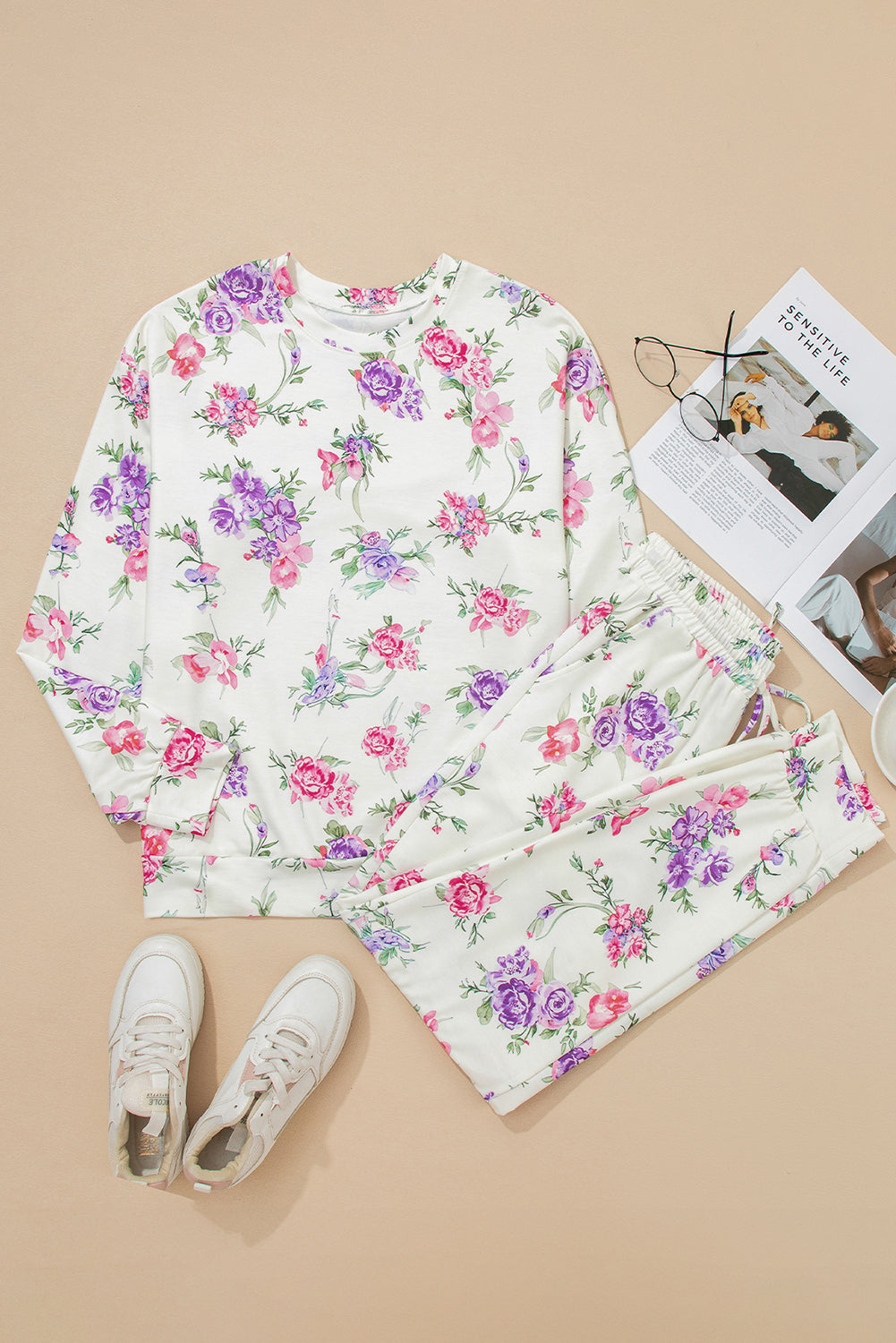 Apricot Floral Print Pullover Drawstring Lounge Pants Set