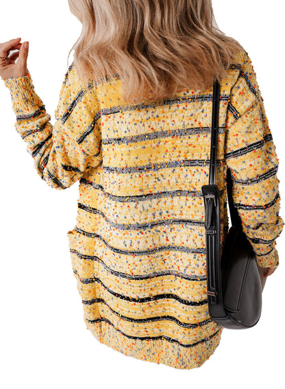 Beige Striped Knit Cardigan For Trendy Style