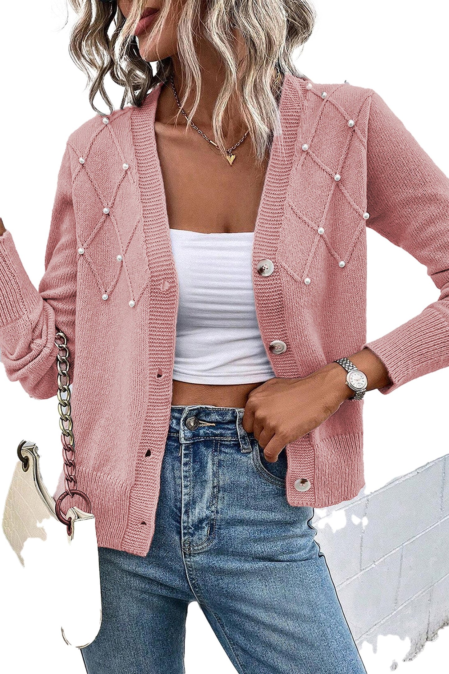 Pearl Beaded Knit Cardigan In Pink