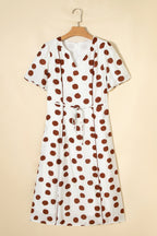 White Polka Dot Printed V Neck Short Sleeve Tie Waist Midi Dress