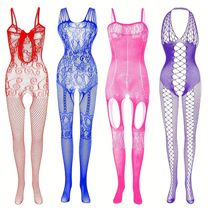 4-Pack Fishnet Bodystocking Set with Jacquard Design & Open Crotch