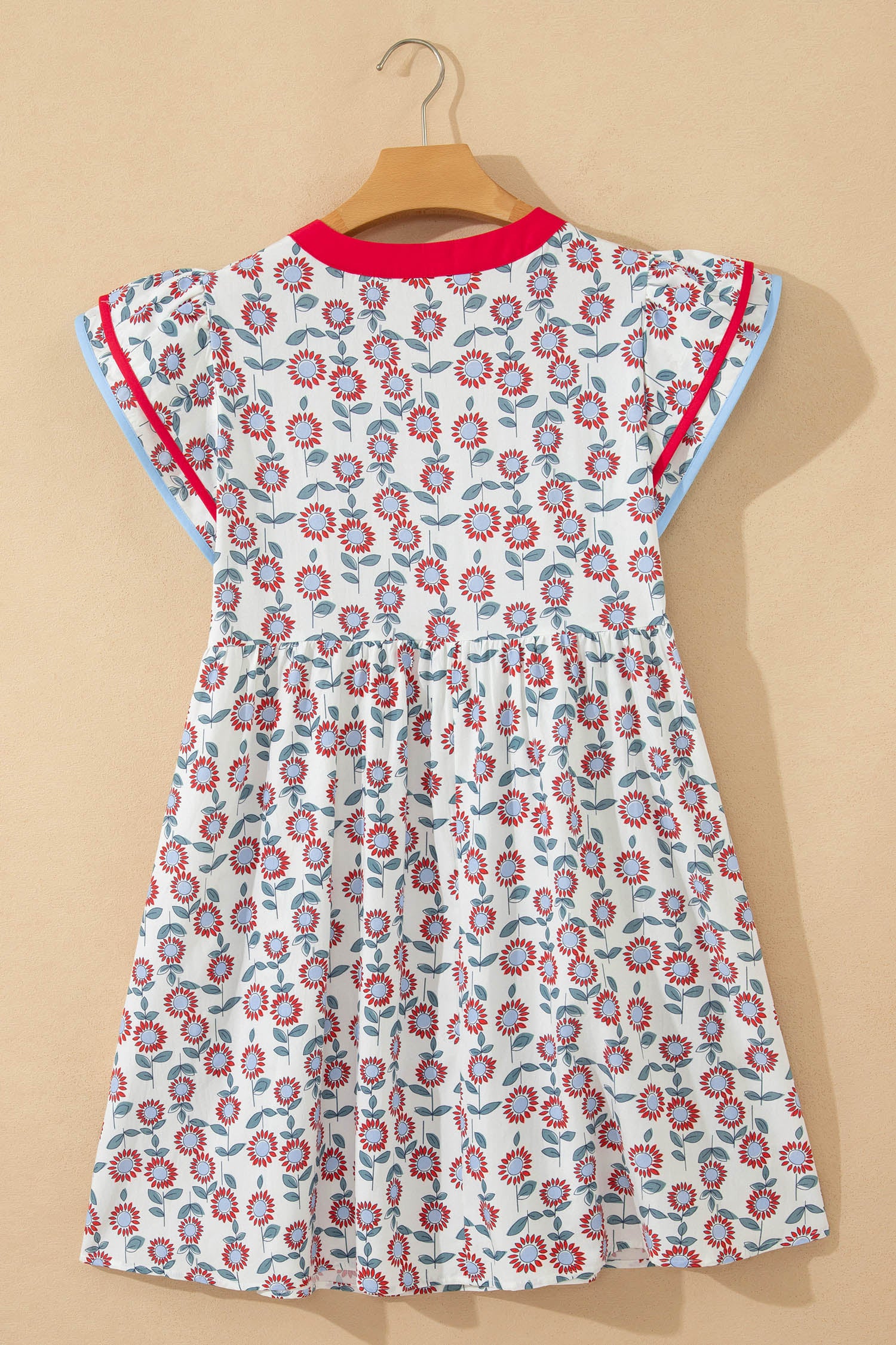 Sky Blue Floral Print Contrast Trim Flutter Sleeve Mini Dress