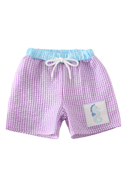 Adorable Purple Seersucker Seahorse Embroidery Boy Swim Trunks For Your Little Water Lover! - LuckeLadybug LLC