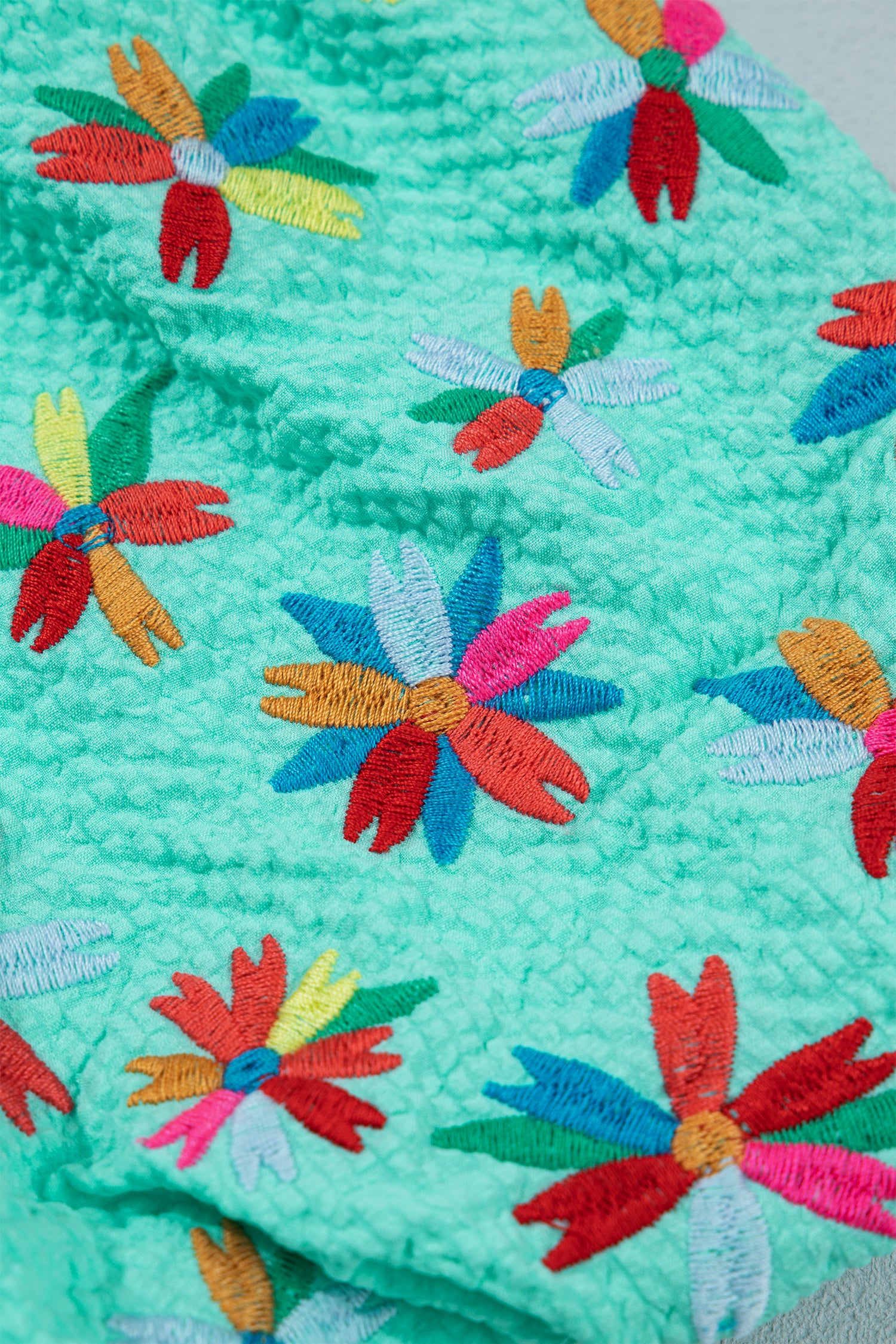 Mint Green Frilled V Neck Flower Embroidered Puff Sleeve Textured Blouse