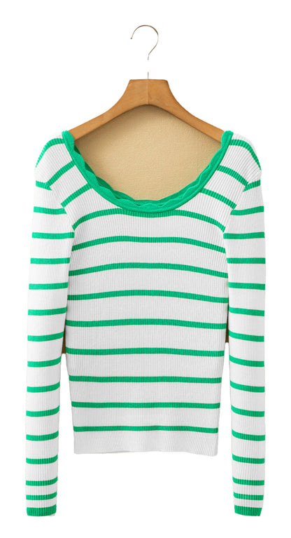 Black And White Striped Scalloped Sweater