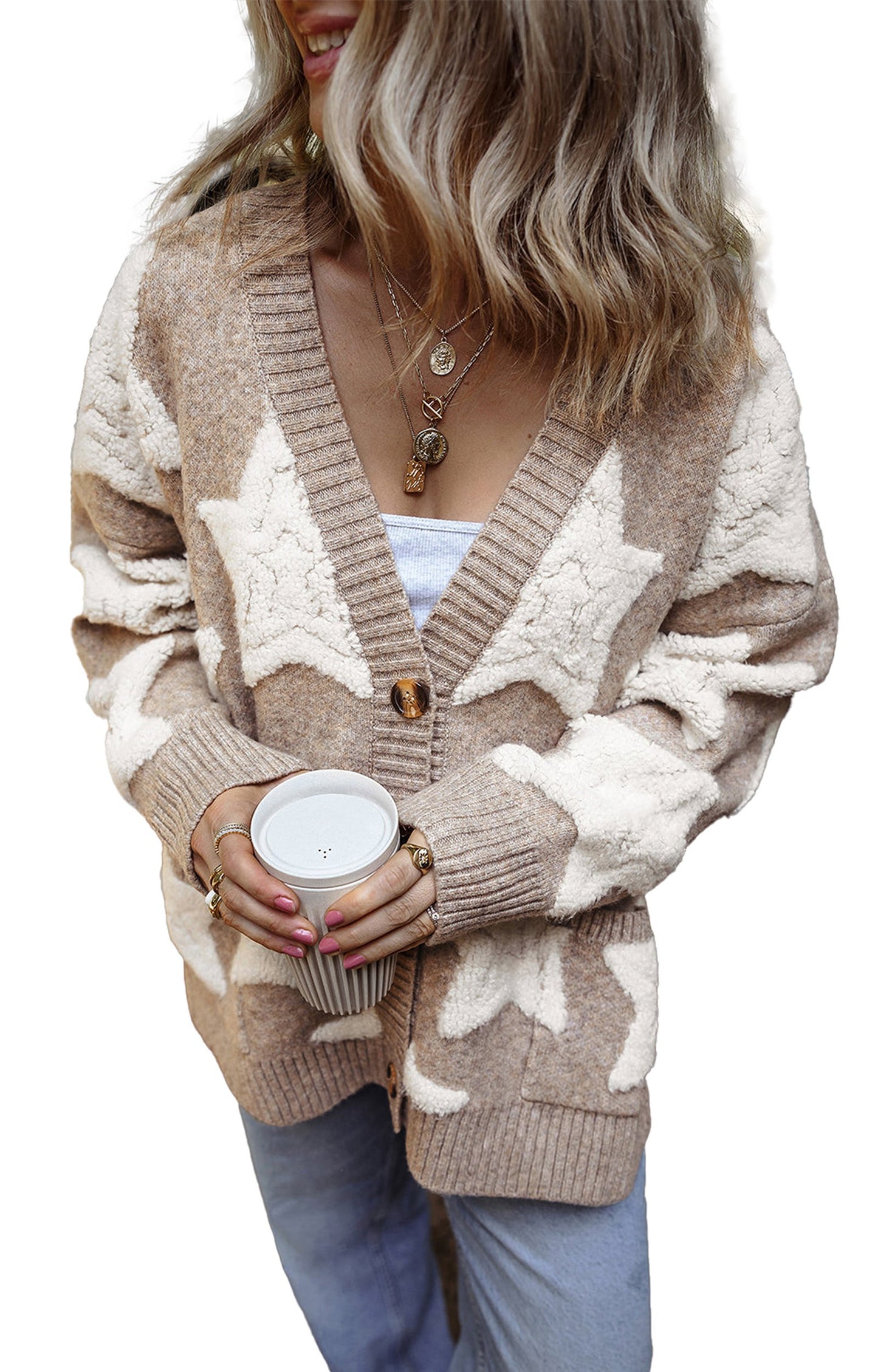 Khaki Star Pattern Sherpa Cardigan