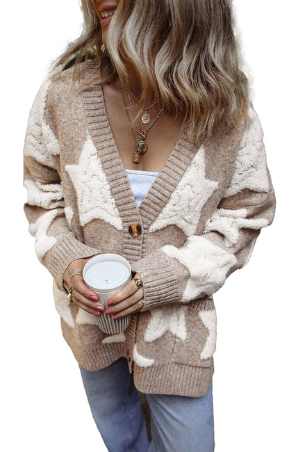Khaki Star Pattern Sherpa Cardigan