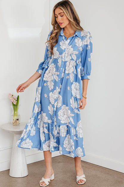 Sky Blue Floral Maxi Dress Buttoned Flowy